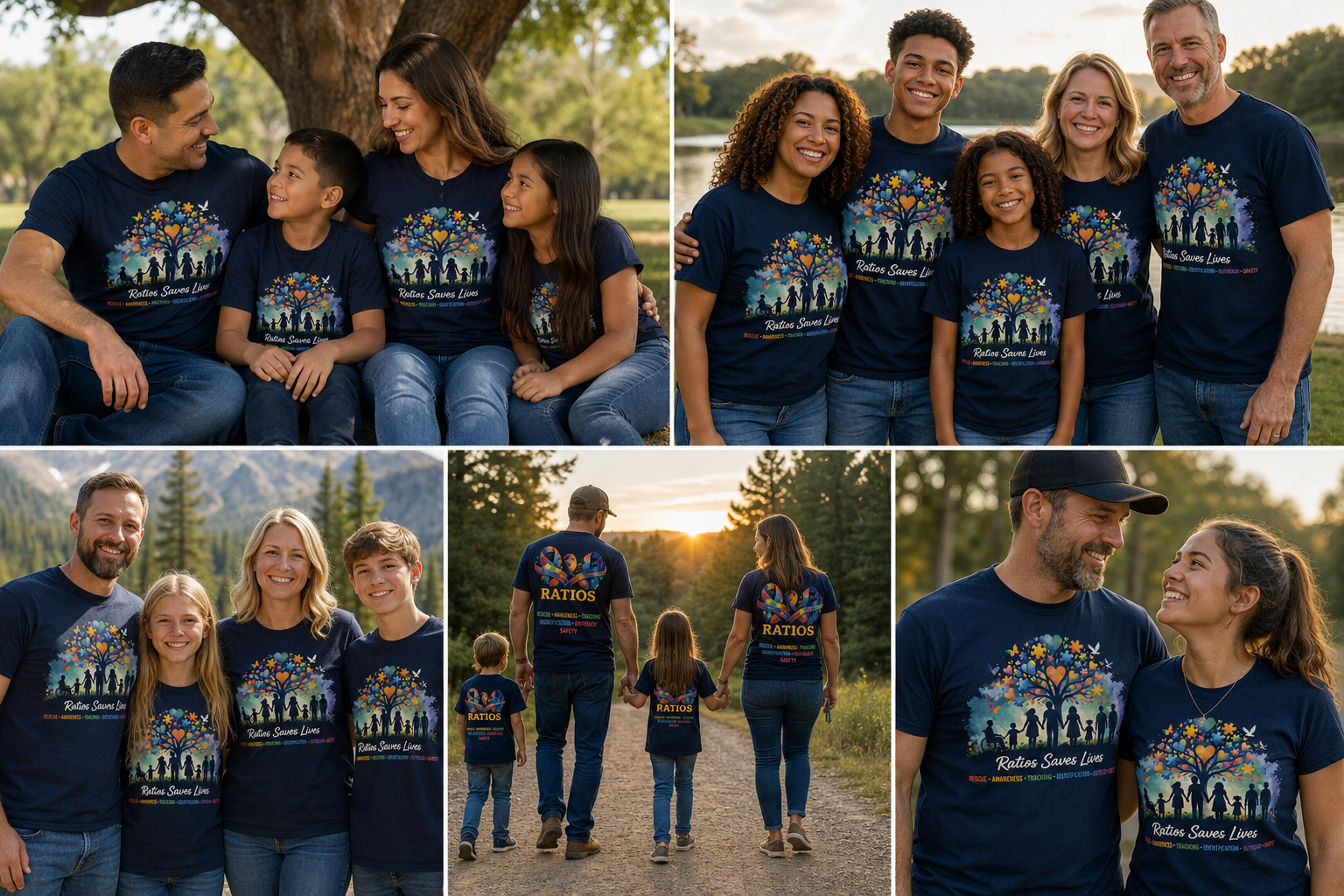 Multicultural families wearing RATIOS shirts