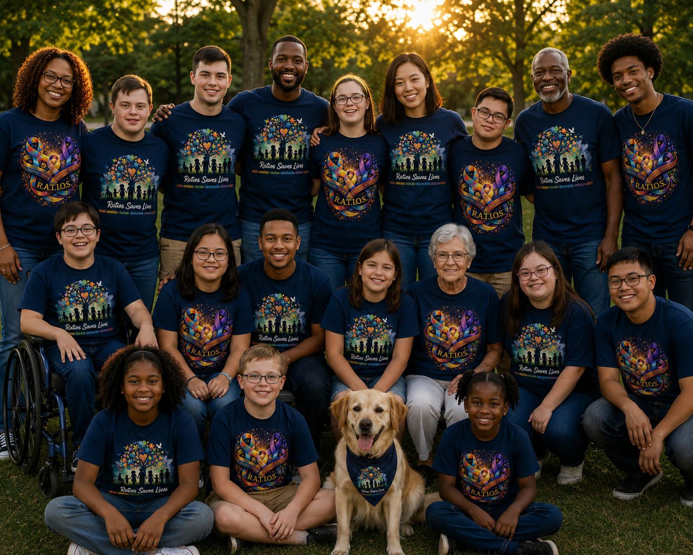 Inclusive community group wearing RATIOS shirts