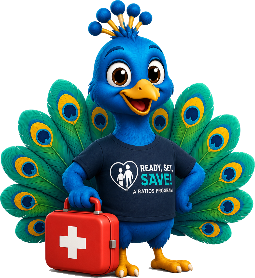 Ready, Set, Save! peacock mascot
